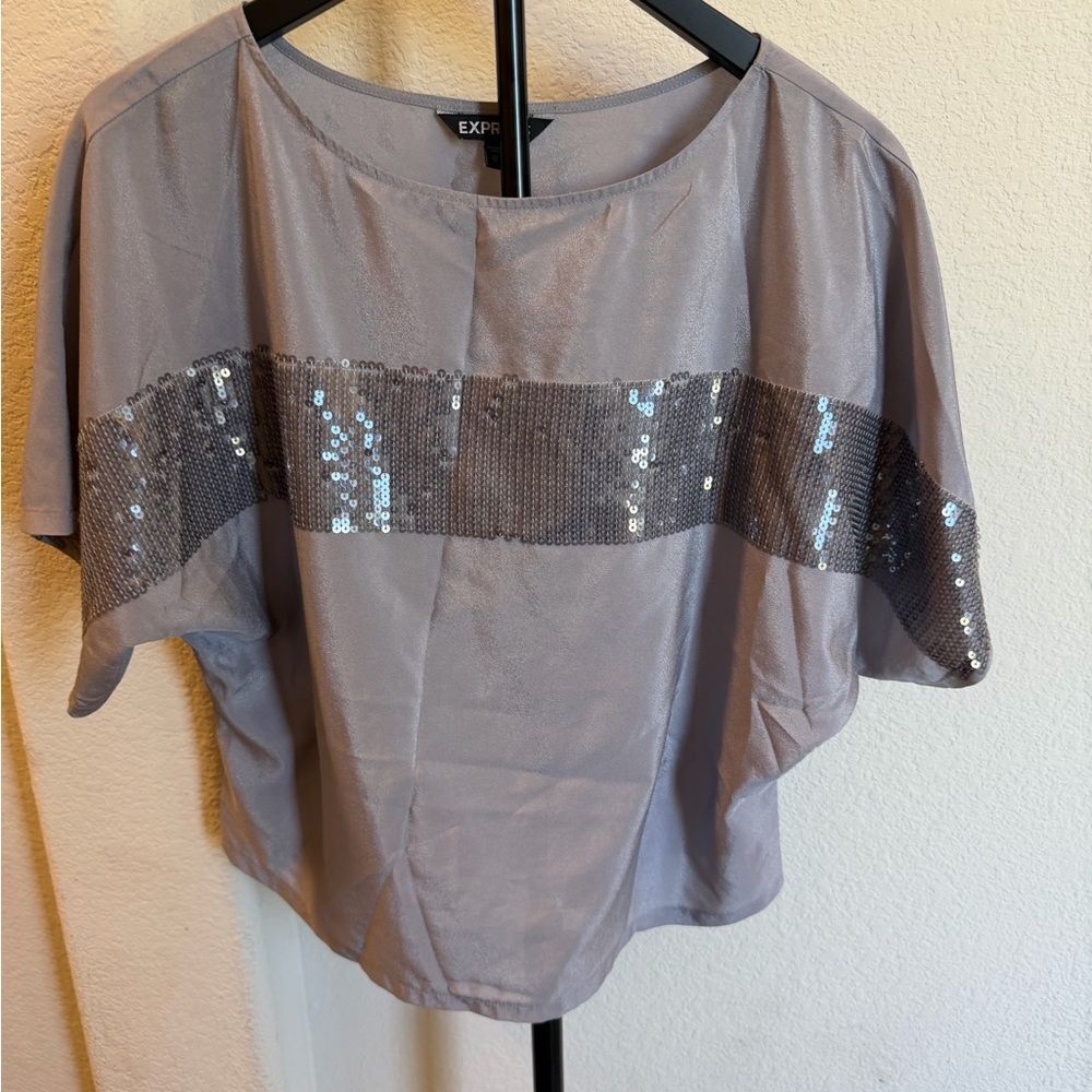 Express Light Silver Sequin-Trim Blouse Size XS